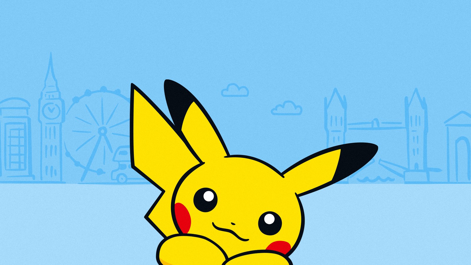 Pikachu devant les monuments de Londres dessinés, visuel officiel de l'annonce de la boutique Pokémon
