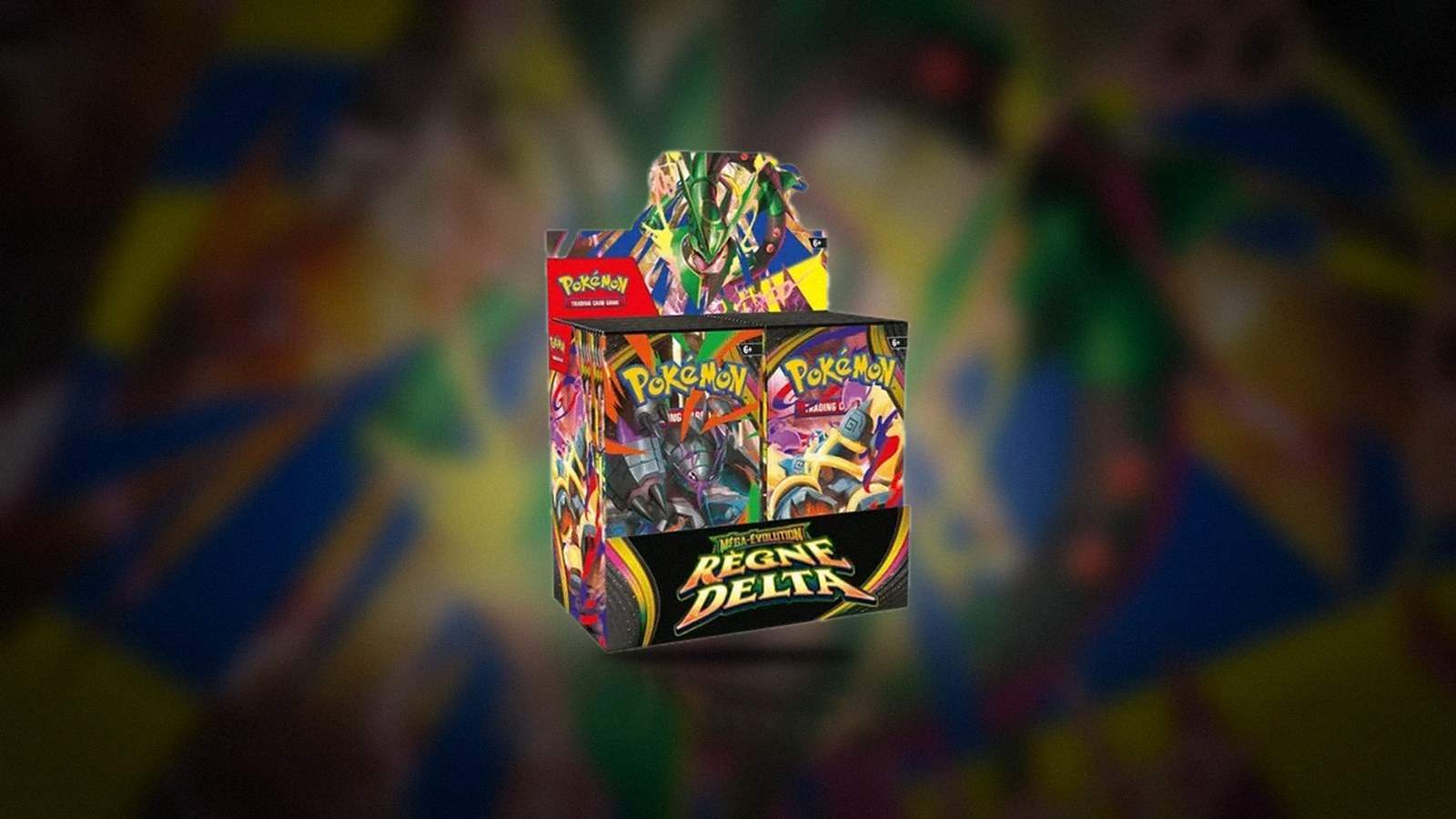 Display de 36 boosters Pokémon Règne Delta devant l’illustration officielle de Rayquaza