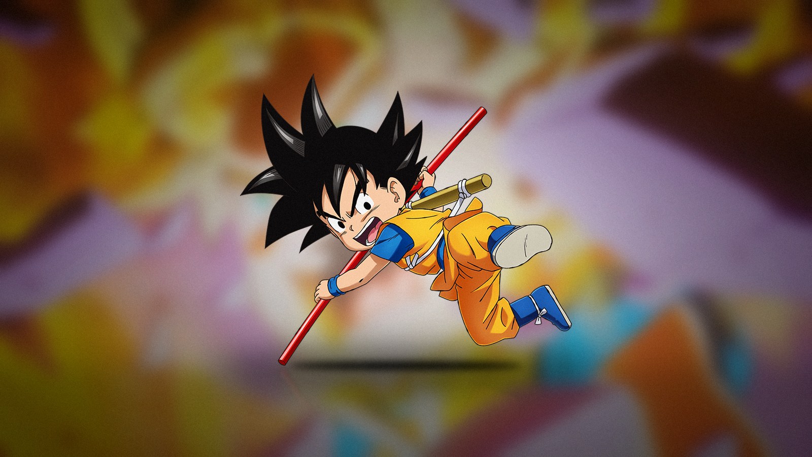 Goku enfant de Dragon Ball DAIMA, illustration officielle, sur une scène floutée de la série