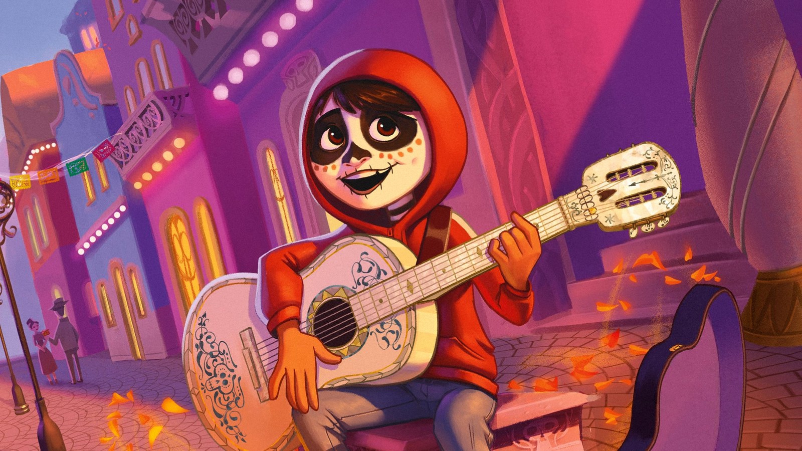 Miguel de Coco, maquillé en squelette, joue de la guitare dans une rue illuminée, illustration Lorcana