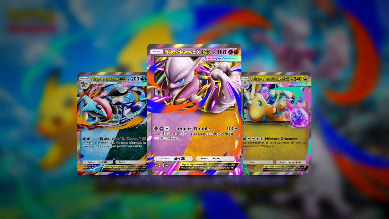 Cartes Méga-Mewtwo X-ex, Méga-Amphinobi-ex et Méga-Dracolosse-ex du JCC Pokémon Pocket