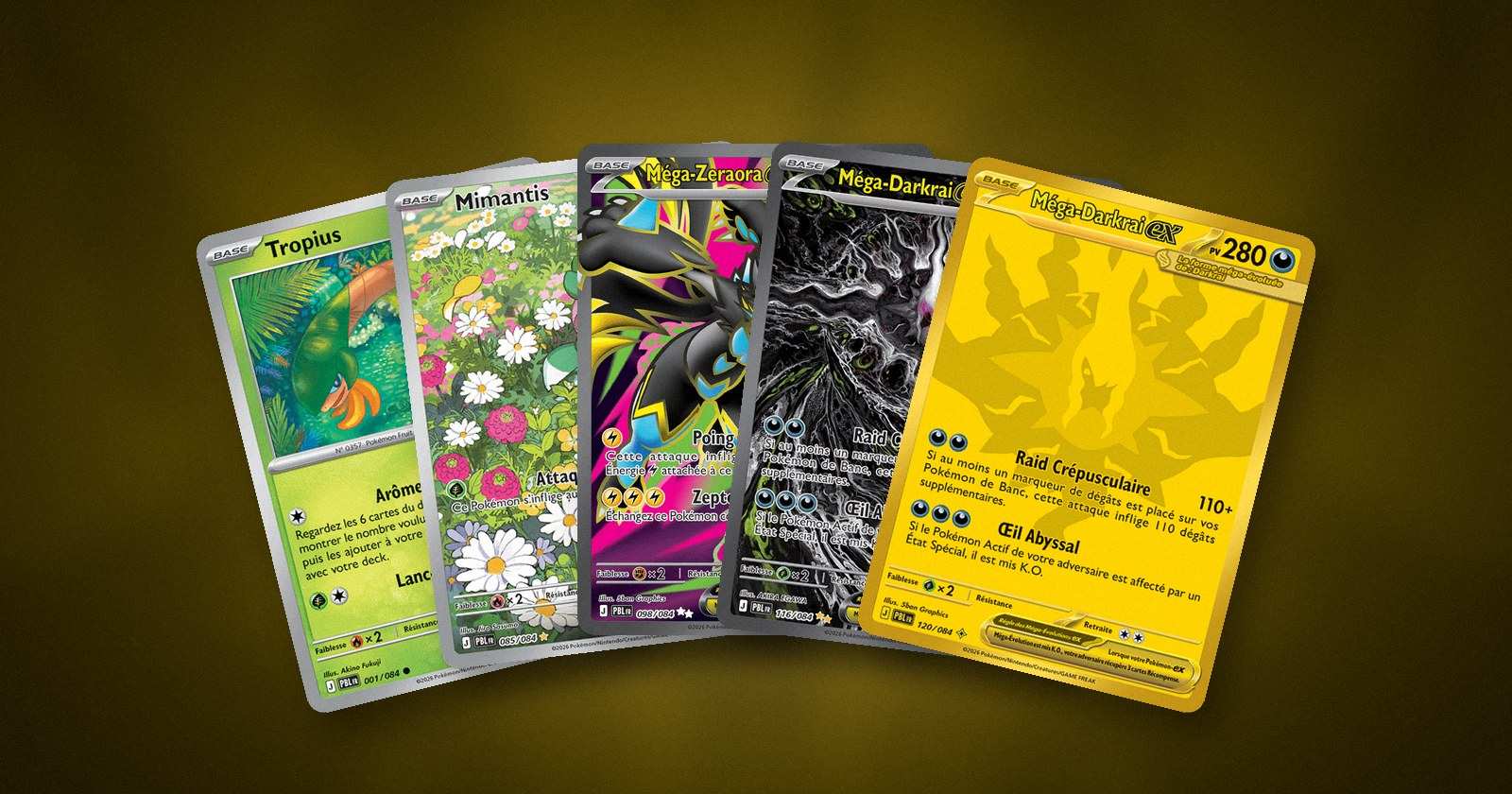 Cinq cartes Pokémon de Nuit Noire en éventail, de la commune Tropius à la Méga-Darkrai-ex dorée