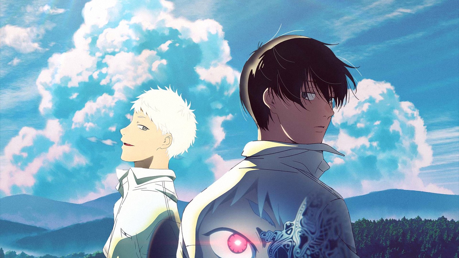 Yoshiki et Hikaru dos à dos sous un ciel d'été, visuel clé officiel de l'anime The Summer Hikaru Died